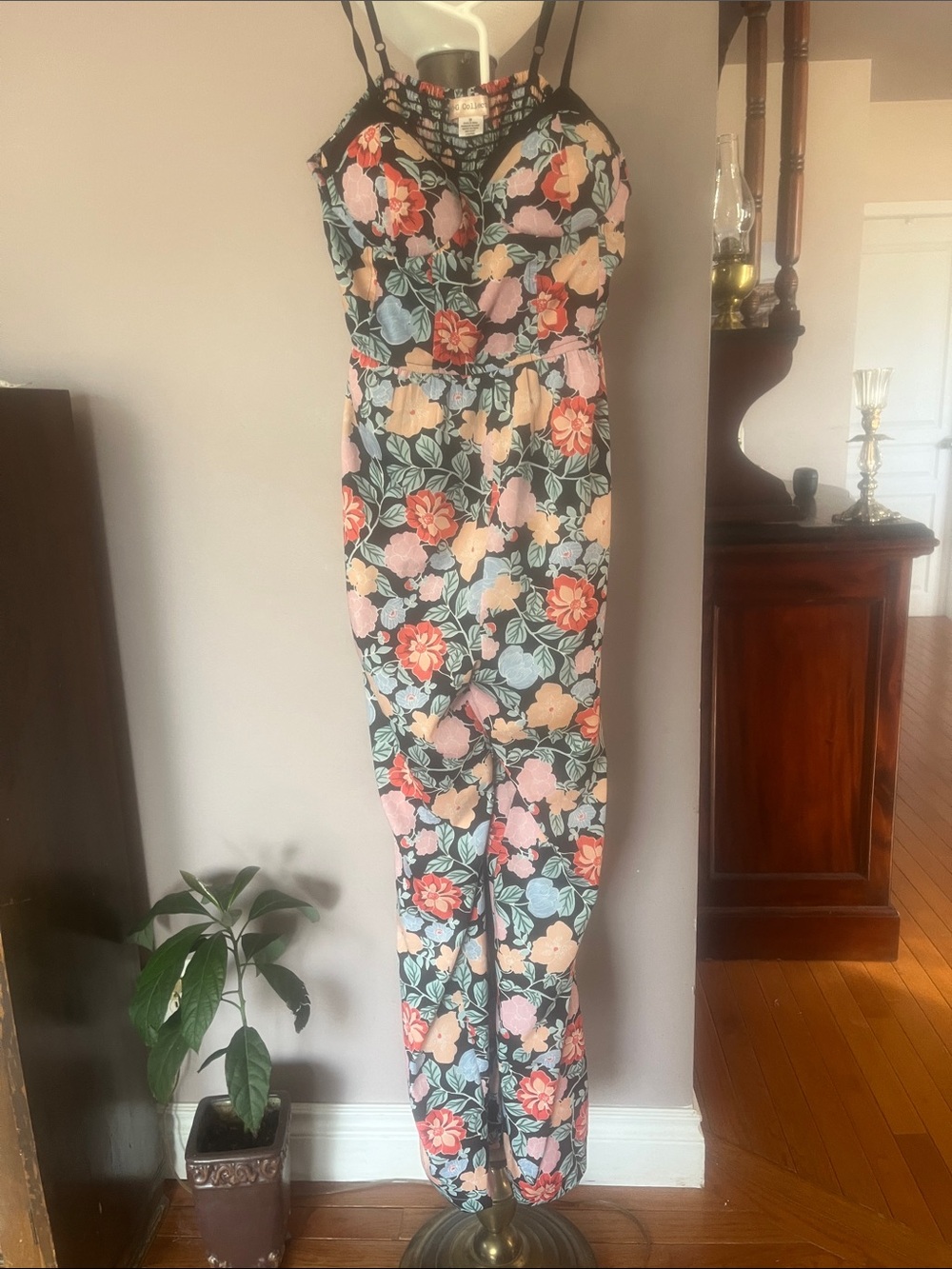 Floral Spaghetti-Strap Jumpsuit in Black with Pink & Peach Blooms